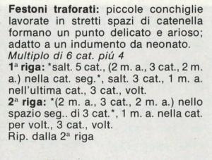 Punti all'uncinetto: punto festone; punto conchiglie semplici; punto festoni traforati; punto grandi archi; punto arcate.