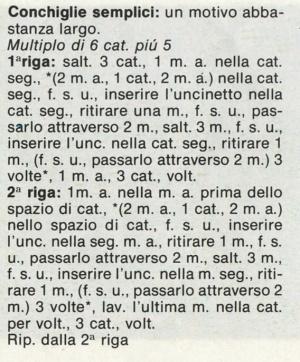 Punti all'uncinetto: punto festone; punto conchiglie semplici; punto festoni traforati; punto grandi archi; punto arcate.