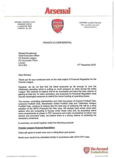 FFP Premier Lettera Arsenal dic 2012 1 e1358546177282 Perché Manchester United, Arsenal, Liverpool e Tottenham vogliono il Fair Play Finanziario in Premier League?