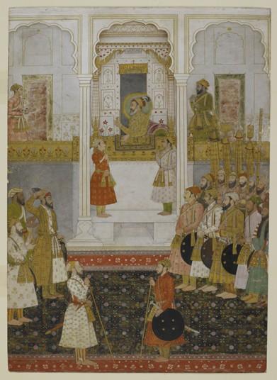 Prince Aurangzeb reports to Emperor Shah Jahan in durbar (1650-55