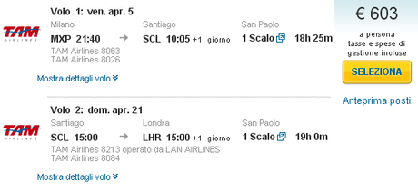 Offerta volo multitratta: Italia-Santiago del Cile 603 Euro!