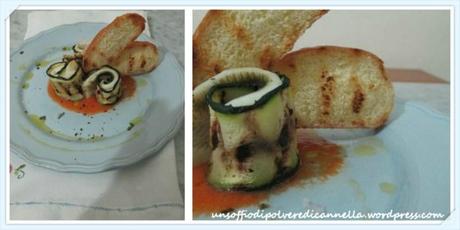 I PICCOLI TURBANTI DI PLATESSA E ZUCCHINE CON COULIS DI POMODORO, CIALDINE DI PANE E FIOCCHI DI SALE AUSTRALIANO Fotor0222224941