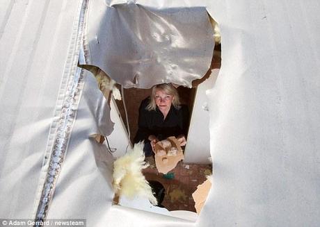 Puncture: Caroline Guy pictured below the 18-inch hole left in her caravan when a block of ice fell from a passing plane 