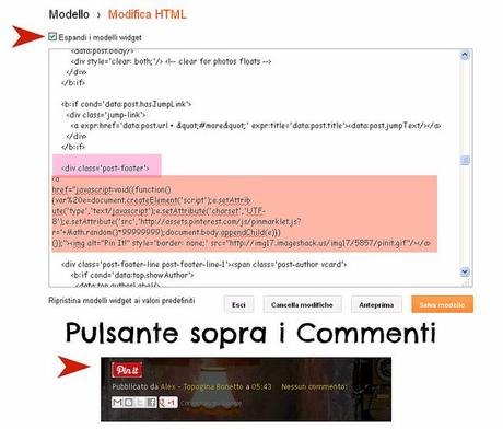 incolla codice pinterest sotto post footer