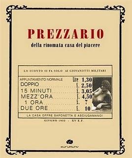 Il prezzario della rinomata casa del piacere a cura di Stefano Donno e Anna Chiriatti (Kurumuny). Intervento di Luisa Ruggio