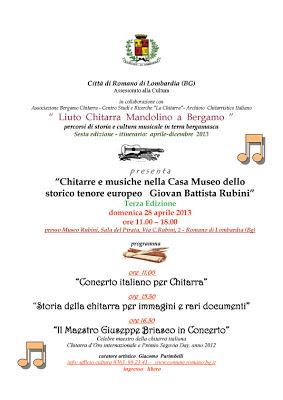 “Chitarre e musiche nella Casa Museo dello  storico tenore europeo Giovan Battista Rubini” Terza Edizione domenica 28 aprile 2013