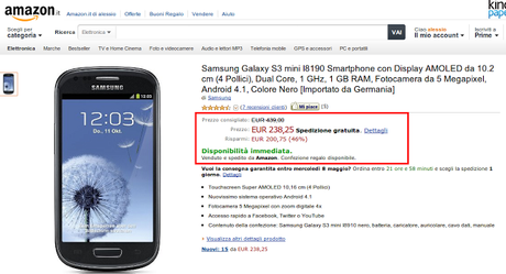 Offerta speciale Samsung Galaxy S3 mini I8190 in promozione su Amazon Italia a 238 euro!