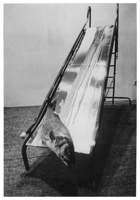 ALDO MONDINO. NOMADE A MILANO, Fondazione Mudima - Aldo Mondino, Scivolo, 1968, pesce, sangue, scivolo in metallo, piano argentato