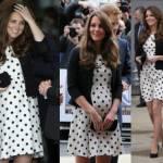 Kate Middleton con un abitino bianco a pois neri della catena low cost TopShop