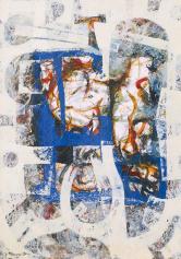 Simboli Art Gallery - Giuseppe Menozzi, Nel prato blu, 2002. Tecnica mista su carta, 100x70 cm