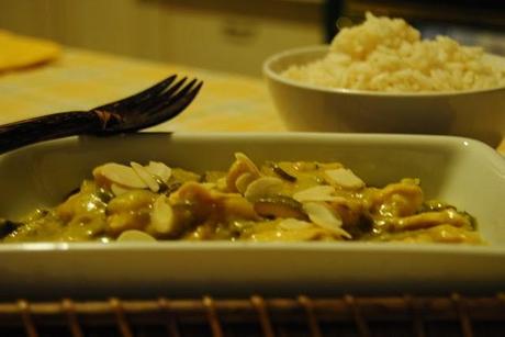 Bocconcini di pollo al curry con zucchine e mandorle