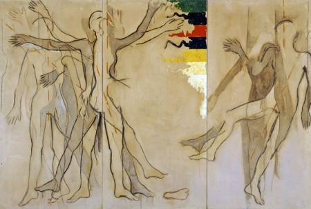 Mario Schifano, Castello Pasquini, Castiglioncello - Corpo in moto e in equilibrio, 1963, Acrilici su tela, 200 x 300 cm (trittico)
