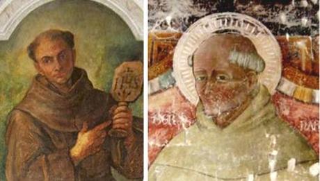 Da sinistra: ritratto di S. Bernardino da Siena ‘giovane’, attribuito a Francesco Solimena e affresco del Santo senese ‘vecchio’, simile a molti altri ritratti in Italia