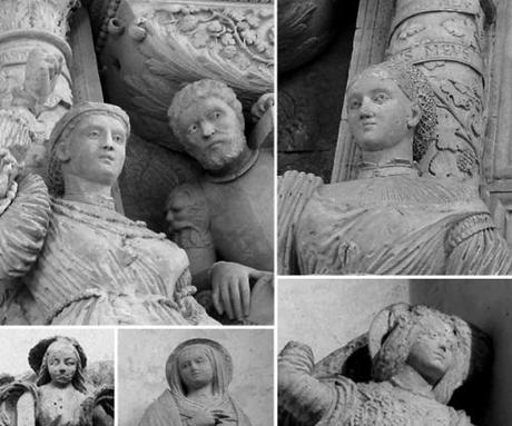 Serie di volti ‘assonanti’, Mausoleo dei Duchi Acquaviva e Annunciazione facciata del Carmine di Nardò 