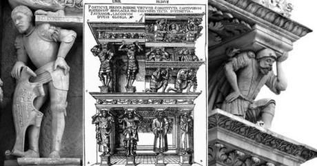Al centro la tavola della tarduzine volgare di Vitruvio di Cesare Cesariano Venezia 1521, attinenze e posture dei soldati, simili a quelle comprese e consigliate dal ‘manuale’ che sicuramente ha viaggiato nelle terre salentine