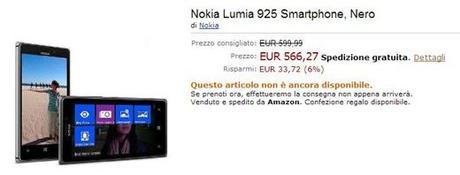 Su Amazon.it in pre-ordine il Nokia Lumia 925 a 566,27€