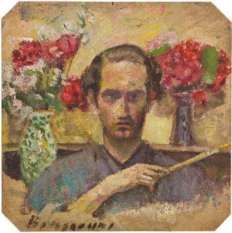 Guido Borgianni, Autoritratto con pennello e fiori [1940], olio su cartoncino, cm. 17,5x17,5