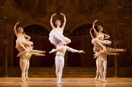 Zenaida Yanowsky (Raymonda) and Nehemiah Kish (Jean De Brienne) _n stage in Raymonda. Rudolf Nureyev had an intimate knowledge of Raymonda: he performed in the ballet as a young dancer with the Kirov Theatre and staged a full-length version for The Royal Ballet in 1964, reviving many of the dances from memory.