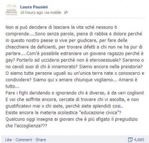 Lo status di Facebook della Pausini