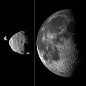 Le dimensioni apparenti in cielo della nostra Luna e delle due lune di Marte, Phobos e Deimos. Crediti: NASA/JPL-Caltech/Malin Space Science Systems/Texas A&M Univ.