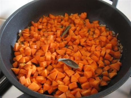 In un'ampia padella far imbiondire leggermente la cipolla tagliata a pezzetti, aggiungere le carote precedentemente lavate e tagliate a pezzettini insieme a 2 foglie di alloro.