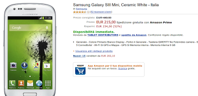 Samsung Galaxy S3 Mini Garanzia Italia a 215 euro con spedizione Amazon Prime