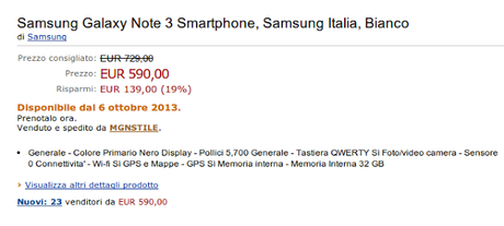 Samsung Galaxy Note 3 a 590 euro Garanzia Italia su Amazon