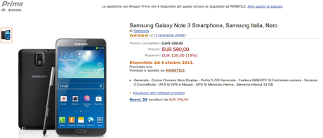 Samsung Galaxy Note 3 a 590 euro Garanzia Italia su Amazon