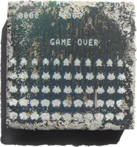 Marco Mendeni, Game Over01, software screenshot on concrete, 16x16cm, 2009. Courtesy Theca Gallery