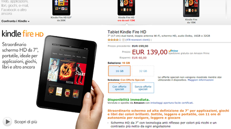Promozione speciale: Amazon Kindle Fire HD a soli 139 euro