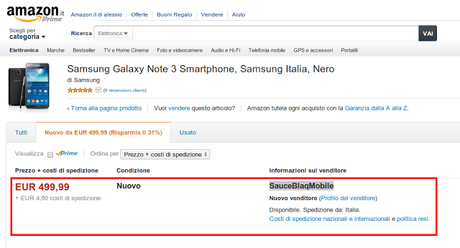 Samsung Galaxy Note 3 disponibile a 499 euro su Amazon tramite rivenditore terzo