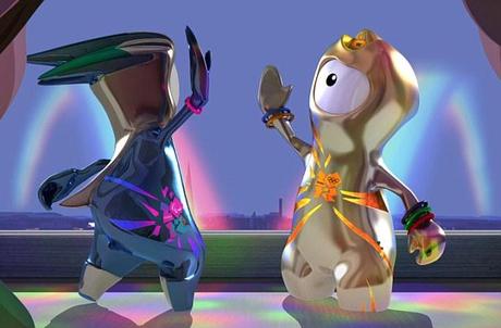 Futuristic: Wenlock and Mandeville give each other a high five