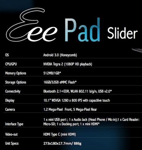 slateslider ASUS Eee Pad Slider: foto, caratteristiche, scheda tecnica, prezzo