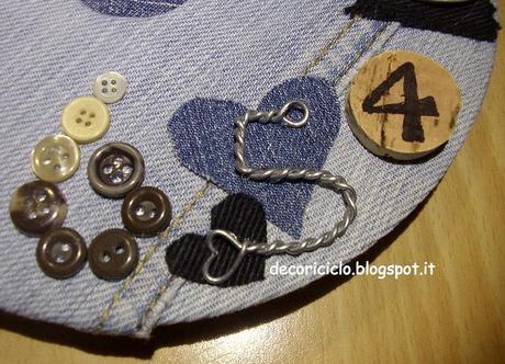 Orologio da parete: fatto con un disco rotto, jeans e vari materiali di recupero orologio disco rotto 3