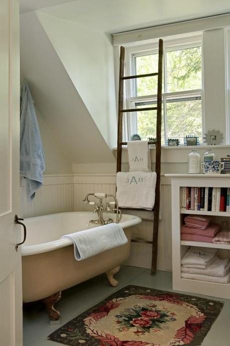 Rug, bookcase, ladder, tub=quaint