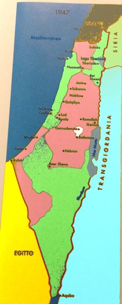 Immagine 1: i nuovi confini disegnati dall'Onu. In Verde la Palestina, in Rosa Israele, in Bianco l'enclave di Gerusalemme