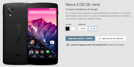 nexus 5 italia 620x311 Arriva il Nexus 5 anche in Italia, parte da 350€ e spedizioni dal 4 Novembre