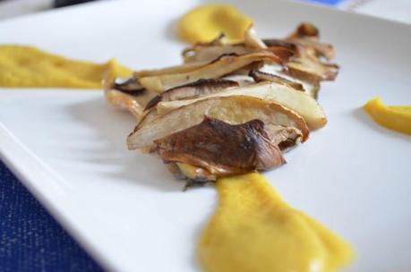 Filetti di branzino ai funghi porcini con purea di ceci allo zafferano pesce funghi chiusura_scaled