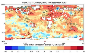 Planisfero con la media delle temperature da 01/2013 al 09/2013 (greenreport.it)