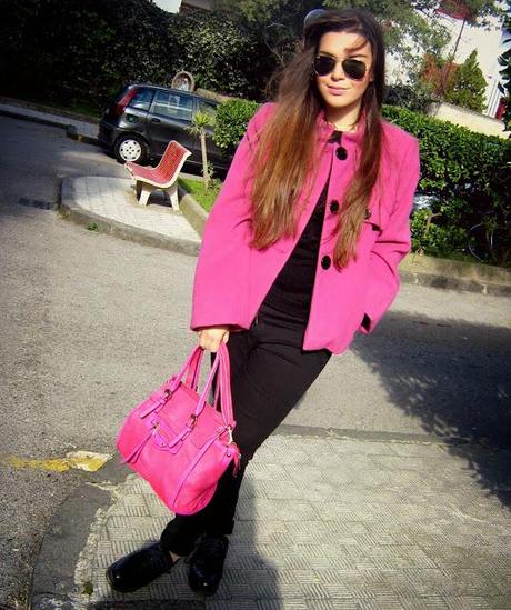 Pink coat.