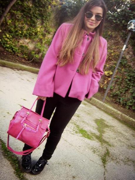 Pink coat.