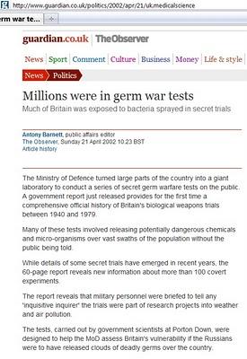 Milioni di persone coinvolte in test di armi biologiche. Una gran parte della Gran Bretagna fu esposta al contagio batteri irrorati nel corso di esperimenti segreti