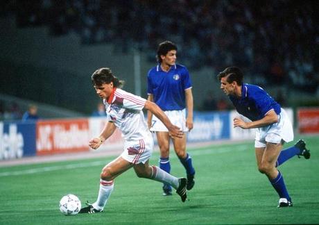 1990 World Cup Finals, Rome, Italy, 19th June, 1990, Italy 2 v Czechoslovakia 0, Czechoslovakia's Thomas Skuhravy takes the ball past Italy's Nicola Berti
