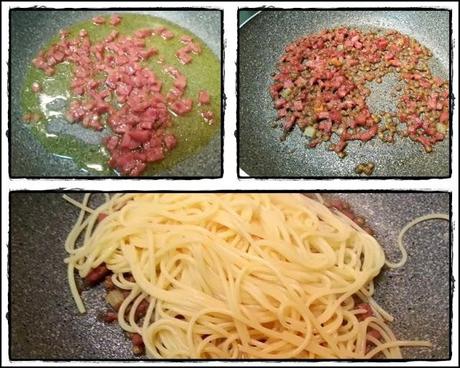 Spaghetti con cotechino, lenticchie e crema di uovo