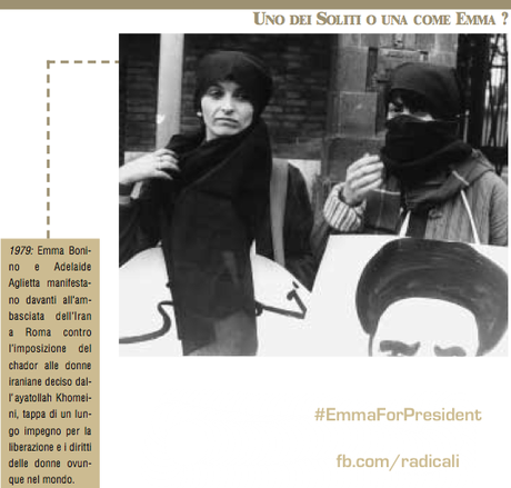 Una immagini prodotta dai Radicali Italiani per promuovere la candidatura della Bonino a Presidente. E' ripresa da una protesta del 1979 quando il Ministro 