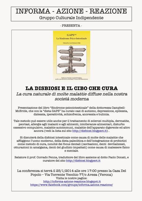 Avesa (Verona), sabato 25 gennaio ore 17 , conferenza  LA DISBIOSI E IL CIBO CHE CURA