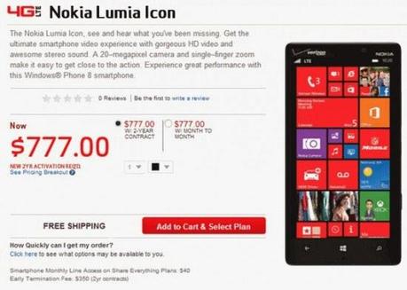Nokia Lumia 929 Icon un'indiscreto articolo sul sito di Verizon ne rivela le specifiche complete e il prezzo di vendita
