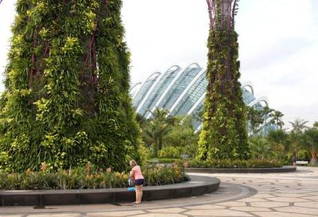 Donna di fronte a un supertree dei Gardens by the Bay a Singapore. Sullo sfondo, una mega-serra. Foto di Marco Restelli