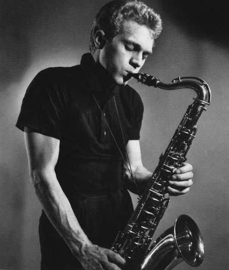 Steve McQueen playing the saxophone, 1956