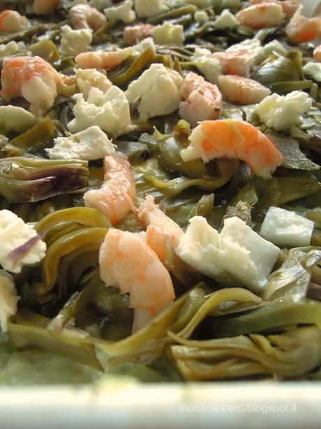 Lasagna con carciofi, mazzancolle e bufala, al profumo di cardamomo